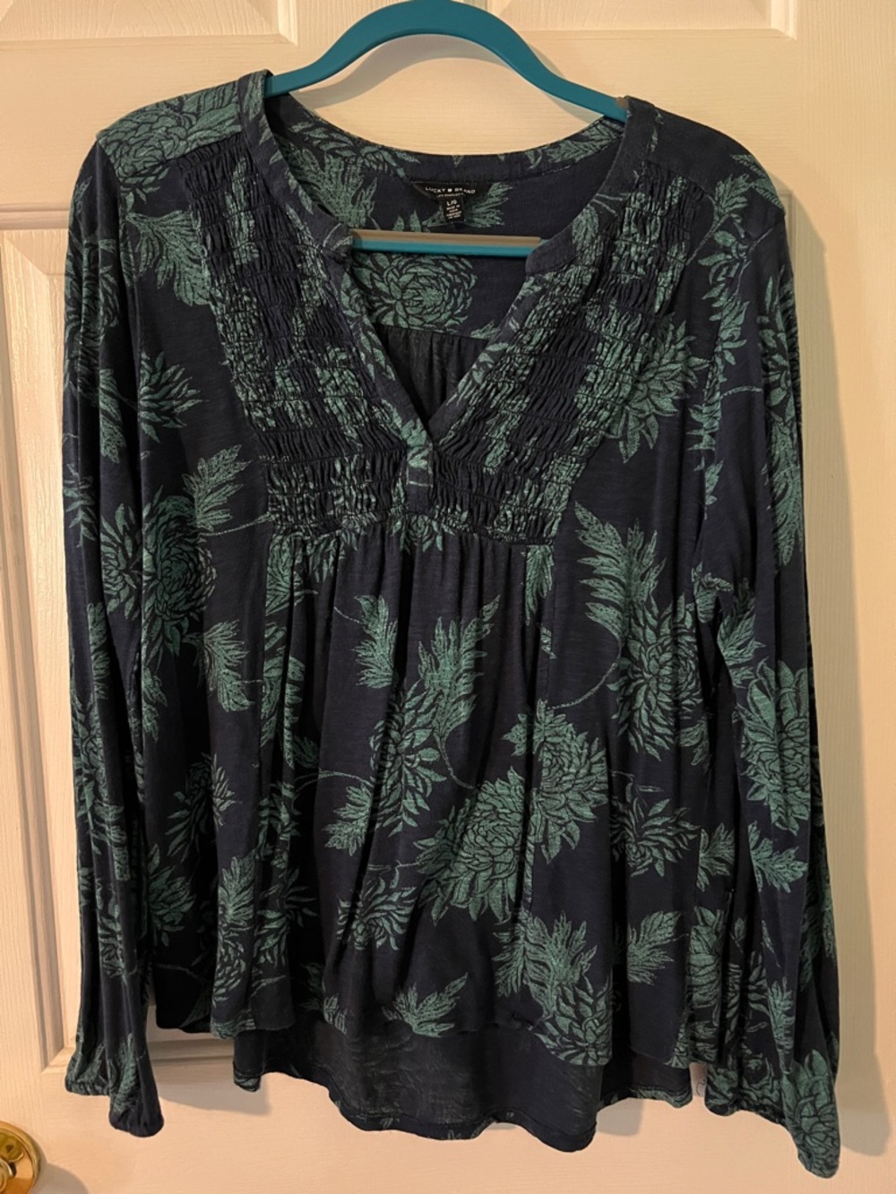 Lucky Brand Navy Top with Green Floral Print and Smocked V-Neck